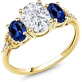 Gem Stone King 2.74 Cttw 10K Yellow Gold 3-Stone Ring for Women | White Moissanite Blue Created Sapphire and Diamond | Oval 8X6MM and 6X4MM | Wedding Engagement Anniversary Promise Ring