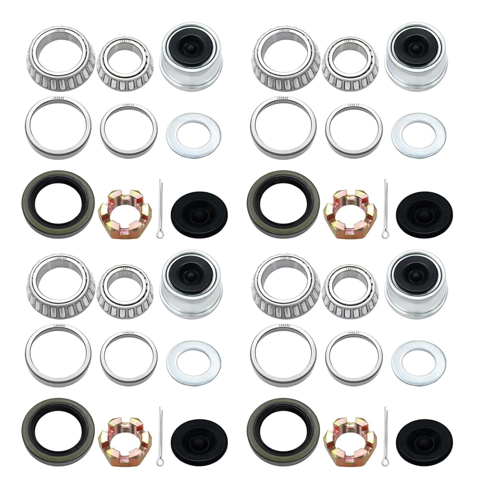 Photo 1 of 4 Sets 3500lb Trailer Bearing Kit L68149 L44649 Trailer Axle Kit,Boat Trailer Bearing Kit 171255TB Seal Fits for 1-3/8'' to 1-1/16'' Trailer Wheel Bearings 1.98" Dust Caps and Rubber Plugs Cotter Pins