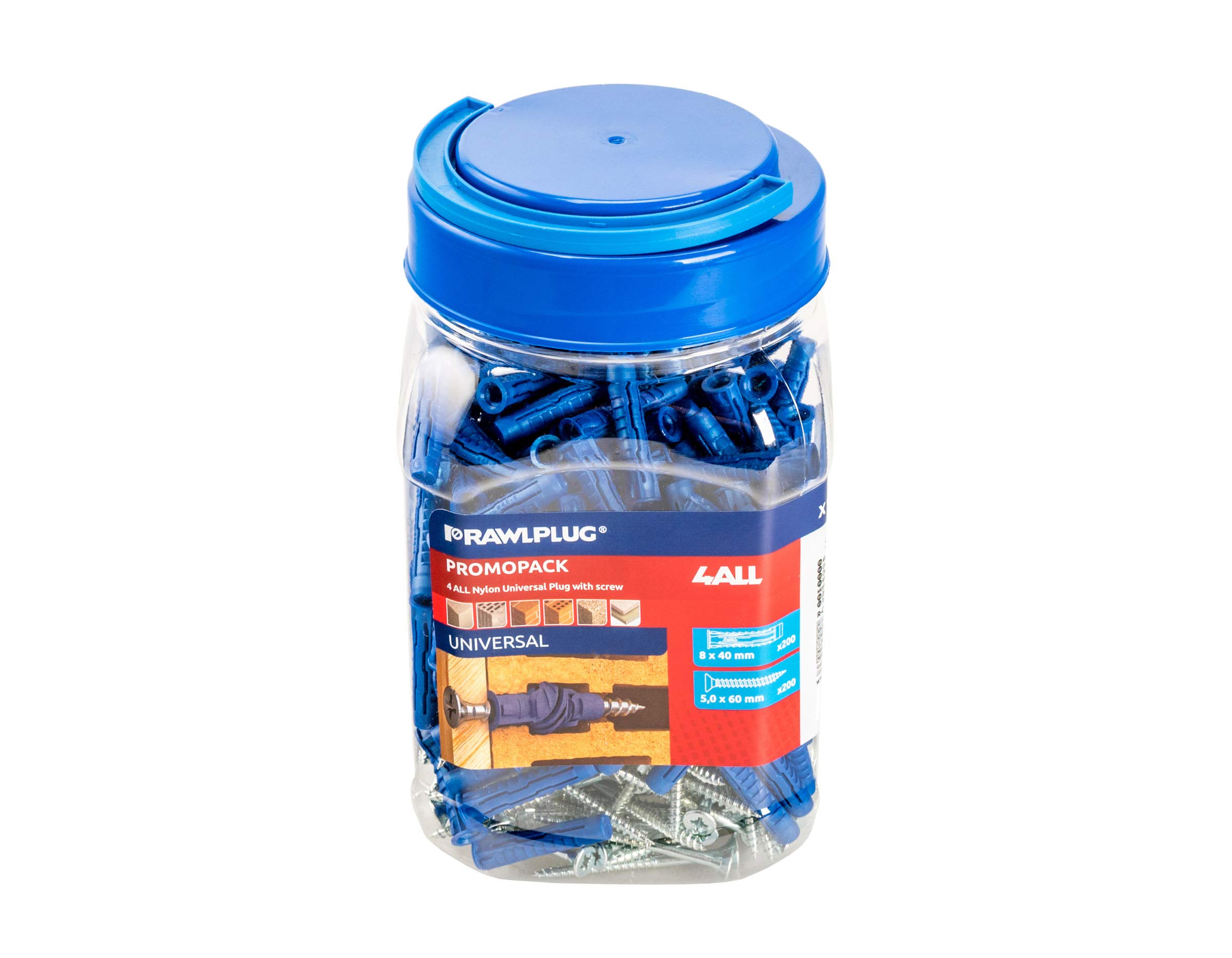 Rawlplug - Home, Furniture & DIY:DIY Materials:Nails, Screws & Fasteners:Wall Plugs & Fixings - All Products - Rawlplug 4ALL Nylon Universal Wall Plugs 8 x 40MM + 5 x 60MM Screws Jar Of 400