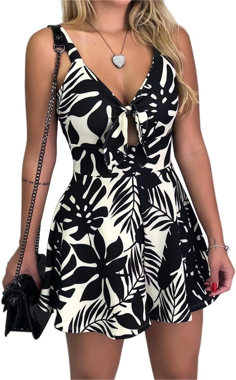 MAXIMGR Women's Cute Summer Cut Out Tie Front Playsuit Boho Floral Printed Strap Ruffle Short Jumpsuit Romper