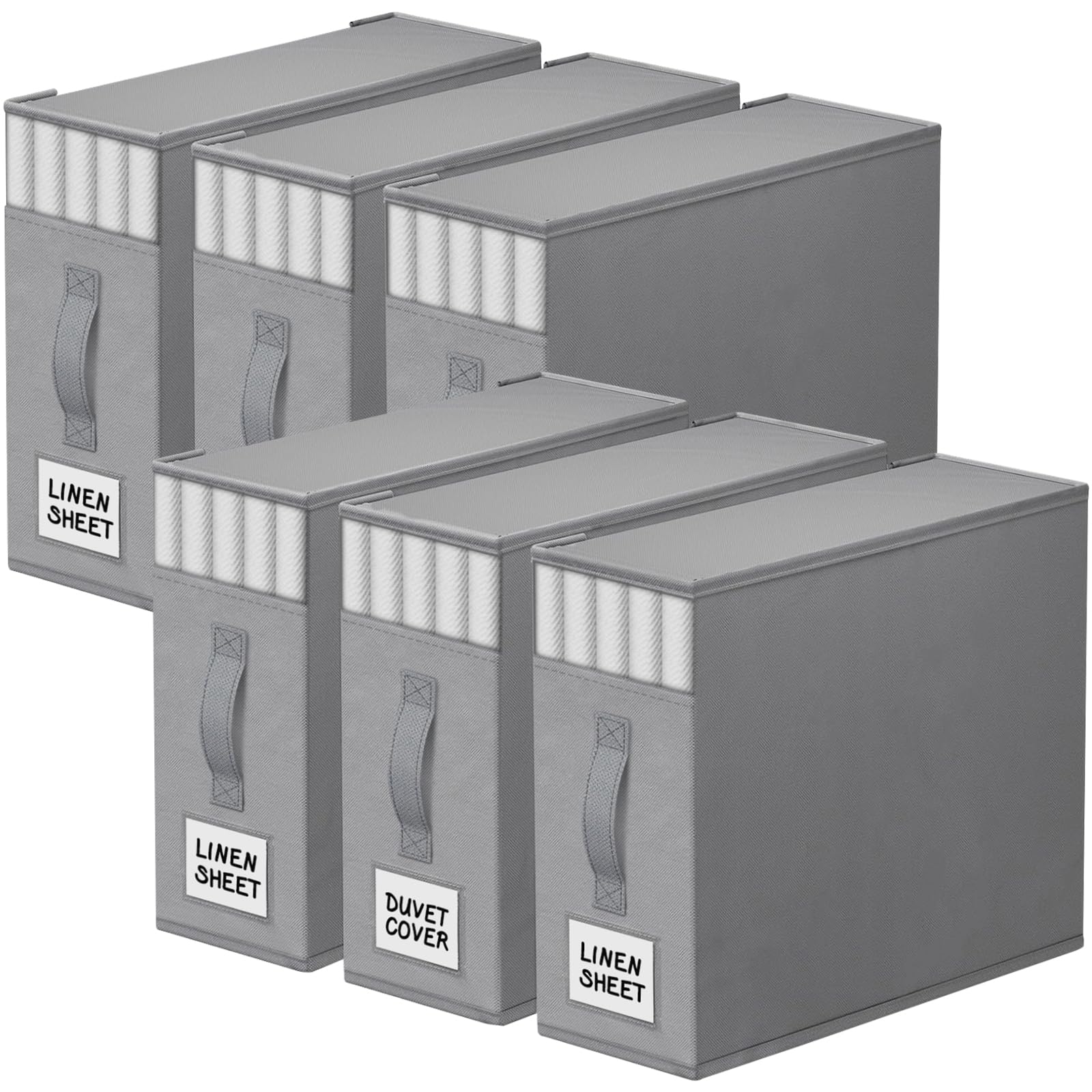 StorageTastic 6 Pack Bed Sheet Closet Organizers and Storage,Sturdy Foldable Storage Containers with Window and Label,Storage and Organization for Bedding Sheets,Duvet Covers,Blankets (Grey) Image