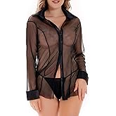 Ruzishun Sheer Mesh Button Shirt Women's Chiffon Shirt Long Sleeved See-through Blouse
