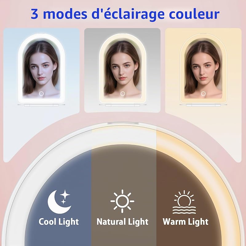 Miroir de Maquillage LED Grossissant 1X/10X, Éclairage 3 Tons Réglable, Miroir de Toilette Portable, Contrôle par Toucher, Blanc