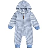 Eurvoku Newborn Infant Baby Boy Clothes Striped Waffle Knit Long Sleeve Zipper Hooded Romper Jumpsuit Cute Fall Winter Outfit