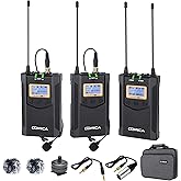 Wireless Lavalier Microphone, with Carrying Bag,Comica CVM-WM100 PLUS UHF 48 Channels Dual Lapel Microphone System for DSLR Cameras, XLR Camcorder, Phone, Lav Mic for Interview Youtube Video Shotting