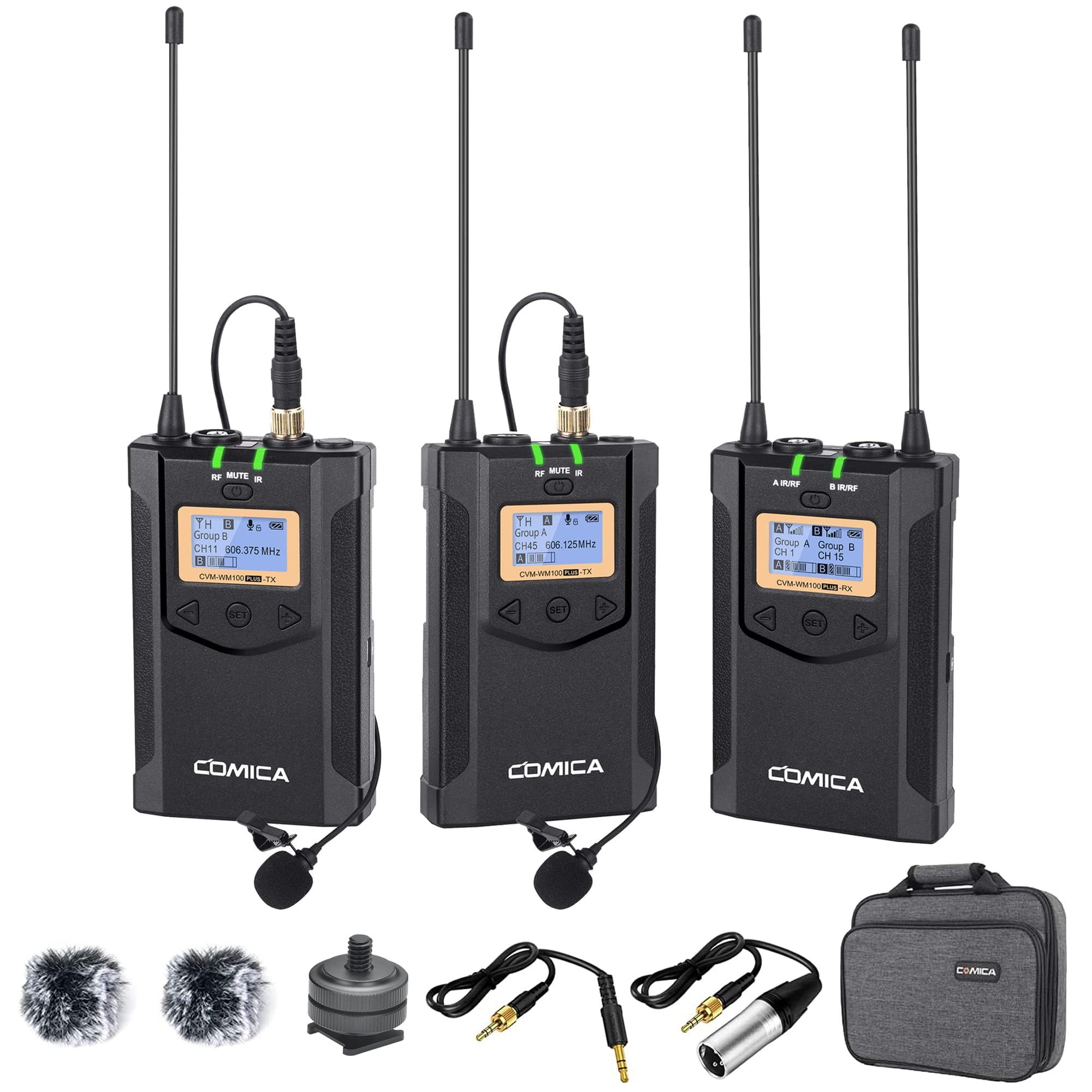 COMICA Wireless Lavalier Microphone, with Carrying Bag, CVM-WM100 PLUS UHF 48 Channels Dual Lapel Microphone System for DSLR Cameras, XLR Camcorder, Phone, Lav Mic for Interview Youtube Vlog