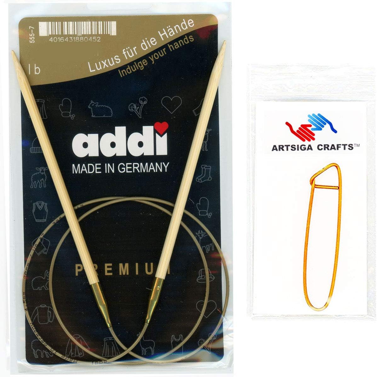addi Knitting Needle Circular Nature Bamboo Gold Cord 120cm Size 4.5mm Bundle with 1 Artsiga Crafts Aluminum Stitch Holder