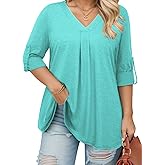 VISLILY Womens-Plus-Size-Dressy-Tops Casual V Neck T Shirts Cute Buttons Roll Up 3/4 Sleeves Tunics Flowy Pleated Blouses