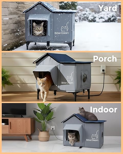 BRAVEDREAM LARGE CAT HOUSE WITH HEATING PAD, INSULATED WEATHERPROOF CAT HOUSE FOR FERAL CATS, ESCAPE DOOR, ELEVATED, CLAWSABLE, FOLDABLE, OUTDOOR HEATED PET HOUSE FOR WINTER, GARDEN, PATIO, BACKYARD