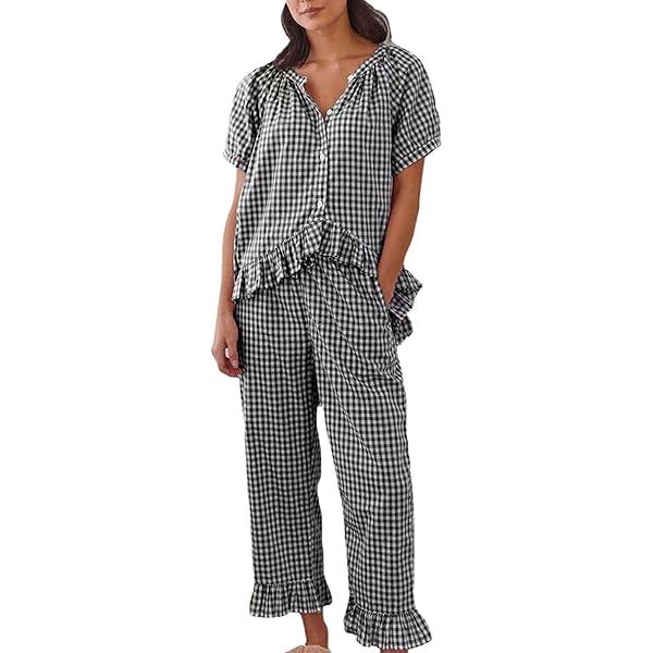 トップス kinema check pajamas shirt L Unisex Sky Blue Gingham Shirt And Short Pima Pajamas Set