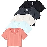 Real Essentials 5 Pack: Women's Dry-Fit Short Sleeve V-Neck Crop Top Boxy Athletic Tee