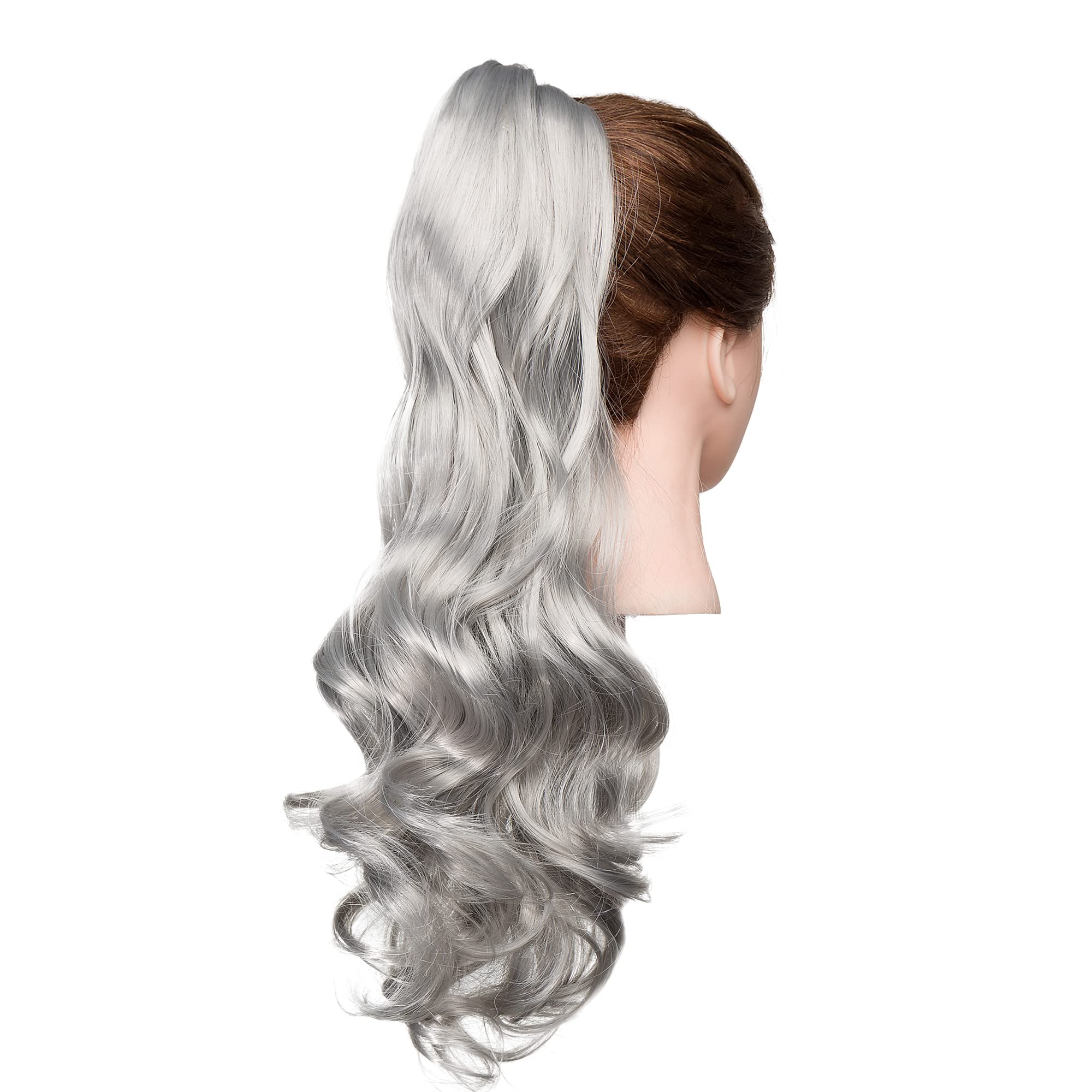 Cybelleza 18 inch Ponytail Extension Clip in Ponytail Hair Extensions Claw on Pony Tail Curly Jaw One Piece Synthetic Hair Wavy Hairpiece Long Natural for Women, Dark Gray
