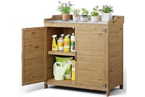 Gizoon Outdoor Potting Bench with Metal Tabletop, Outdoor Garden Patio Wooden Storage Cabinet with Adjustable Shelf, Double Doors Garden Work Bench for Backyard, Patio, Lawn - Natural