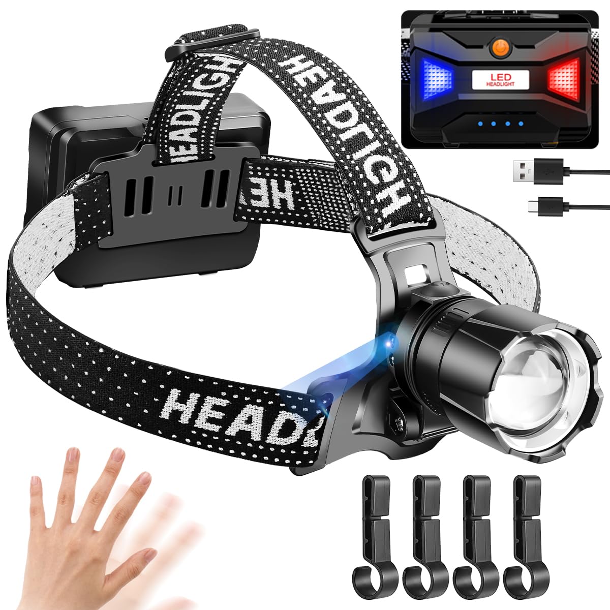 NAKCNM Head Torch Rechargeable with Motion Sensor, Headlamp Headtorch LED Super Bright with Rot Rear Light, 20000 Lumen, 3 Modes Waterproof 90° Adjustable for Hiking Camping Fishing Dog Walking