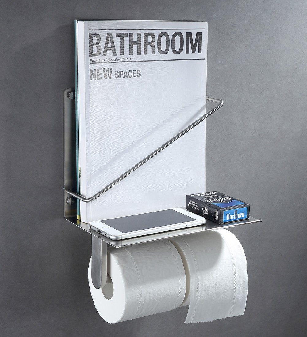 Stainless Steel Double Toilet Paper Holder with Book Magazine Rack