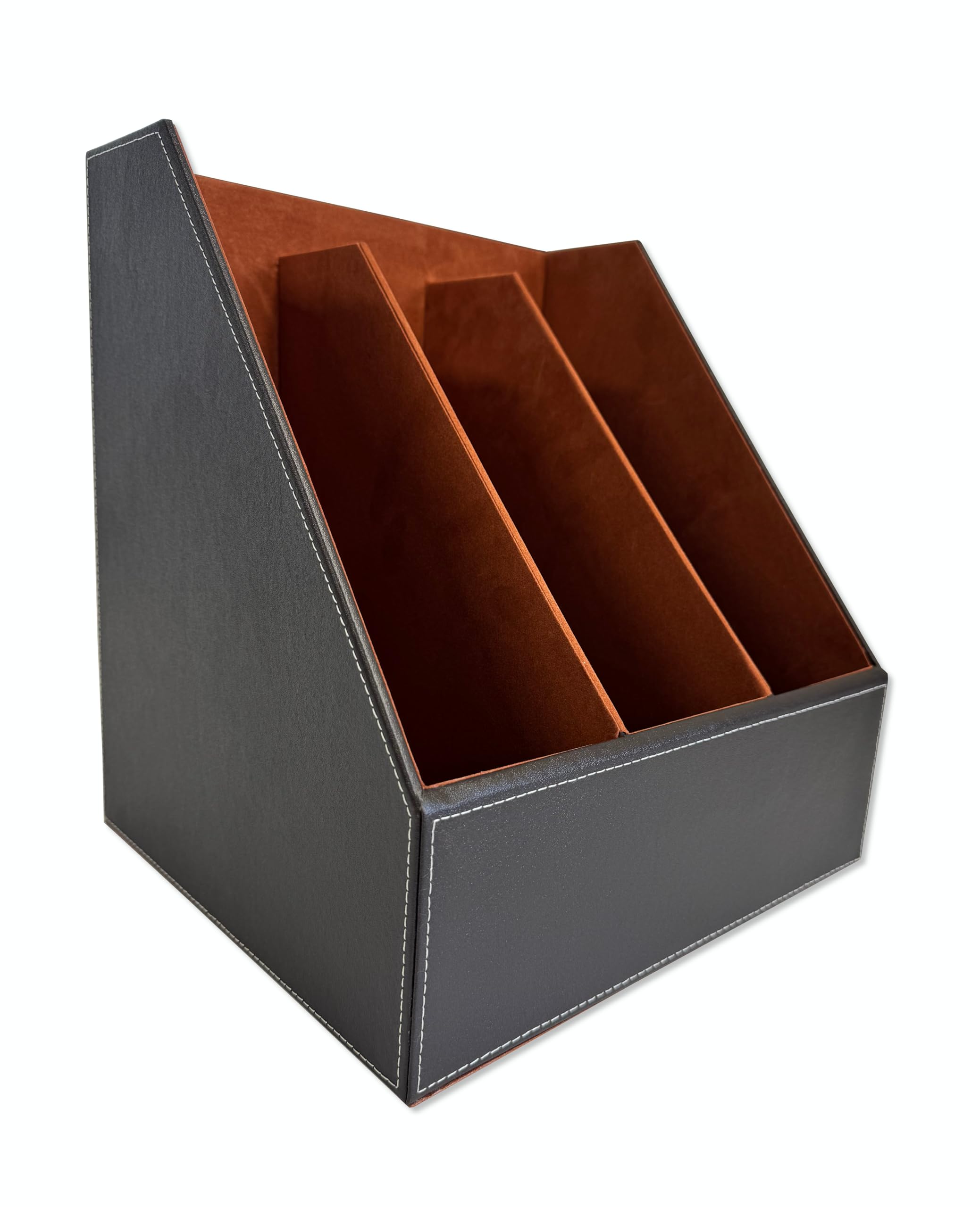 Osco Faux Leather 3 Slots Magazine File Holder, A4 Desk & Shelf Organiser for Documents, Brochures & Catalogues Storage with Felt Base, Magazine Rack for Home Office, Brown