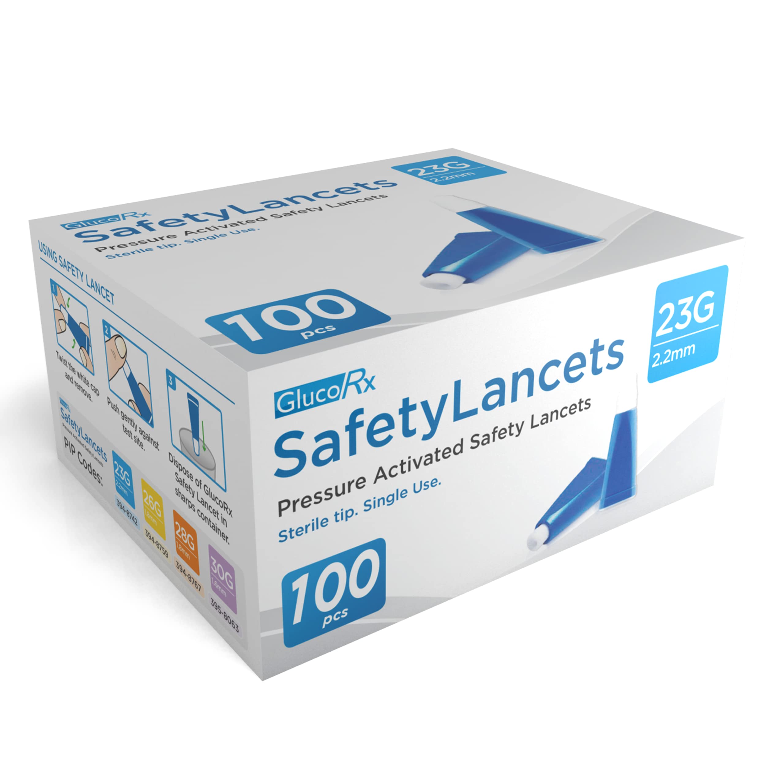 GlucoRx 23 g/2.2 mm Safety Lancets, Total 100 (Eligible for VAT relief in the UK)