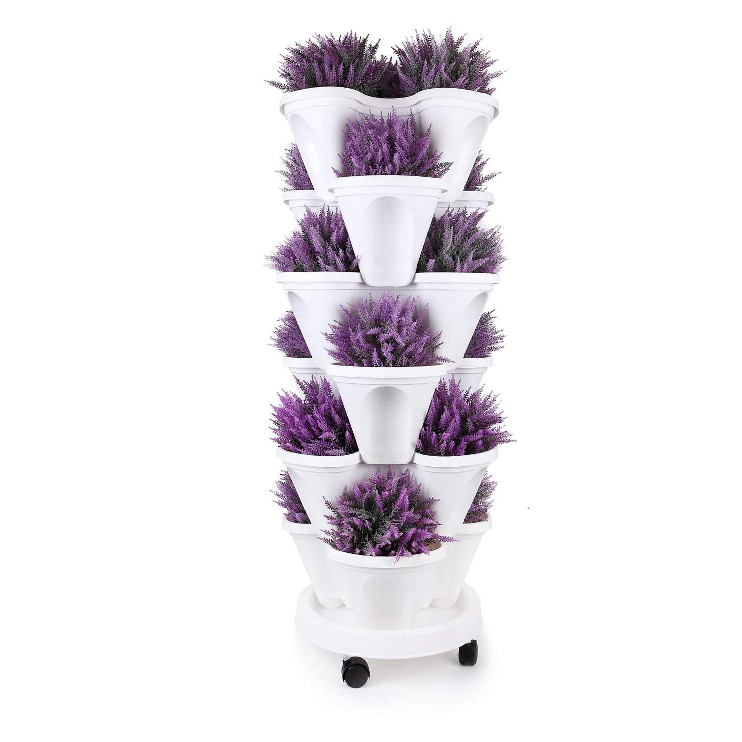 T4U Stackable Vertical Planter Set with Rolling Plant Caddy - 6 Tier Garden Tower Ideal for Growing Strawberries, Herbs, Vegetables, Aloes, Indoor/Outdoor Porch Decor (6 Stacking Pots+Plant Dolly)