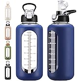 chunmo 64 oz Glass Water Bolttles with Straw Half Gallon Large Motivational Water Bottle with Time Marker Sports Water Bottles with Silicone Sleeve and Handle Lid Water Jug for Gym Workout