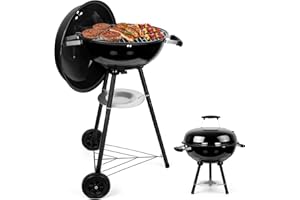 18 Inch Kettle Charcoal Grill, Joyfair Outdoor Barbecue Grill for Camping/Backyard/Tabletop Cooking, Portable Round Smoker with Wheels, Porcelain-Enameled Lid & Fire Bowl, Dual Venting System, Black
