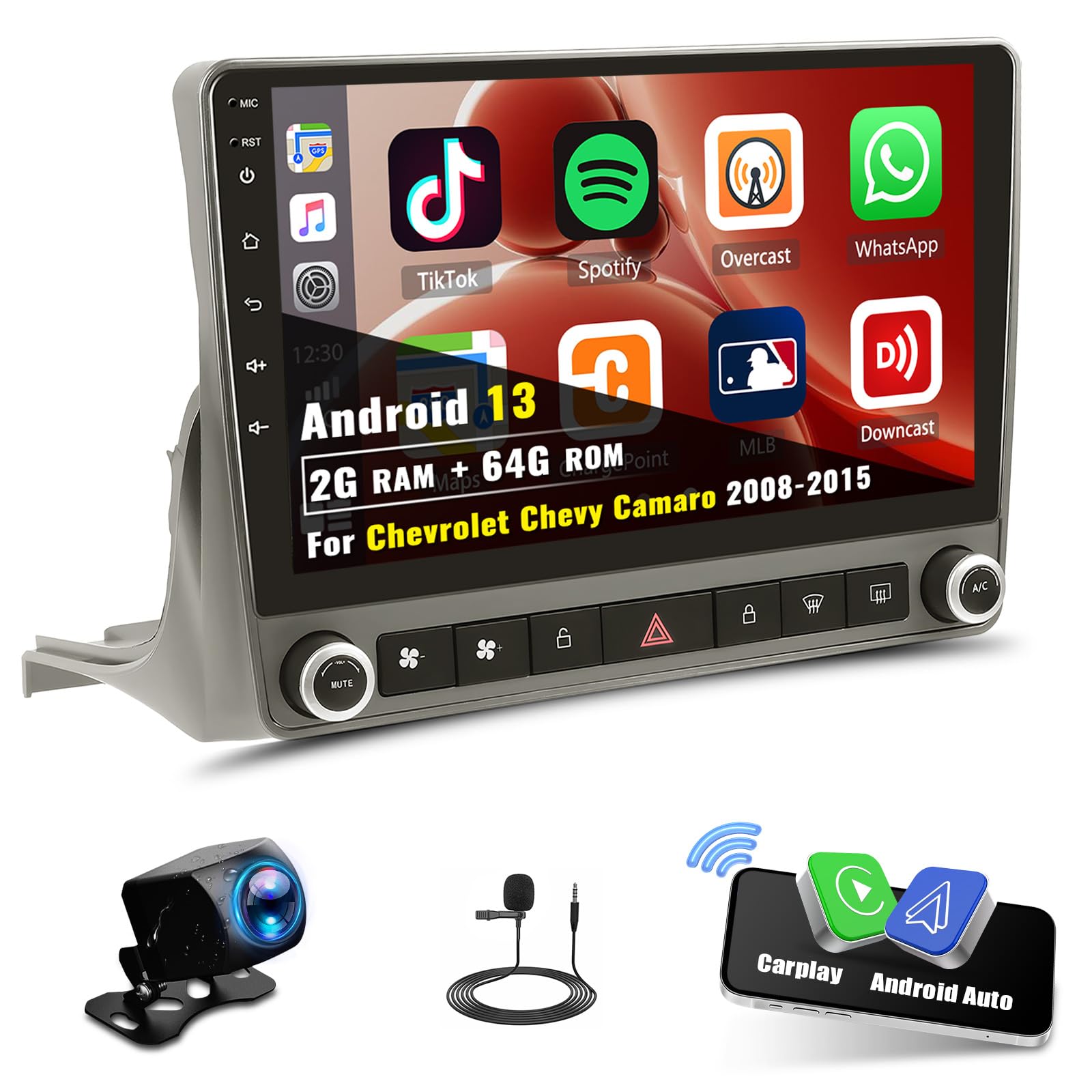 Photo 1 of 2+64G Android 13 Car Stereo for Chevrolet Chevy Camaro 2008-2015 Bluetooth Wireless Apple Carplay Android Auto Mirror Link,9" Touch Screen with GPS Navigation,FM/RDS,WiFi,SWC+ Backup Camera&MIC