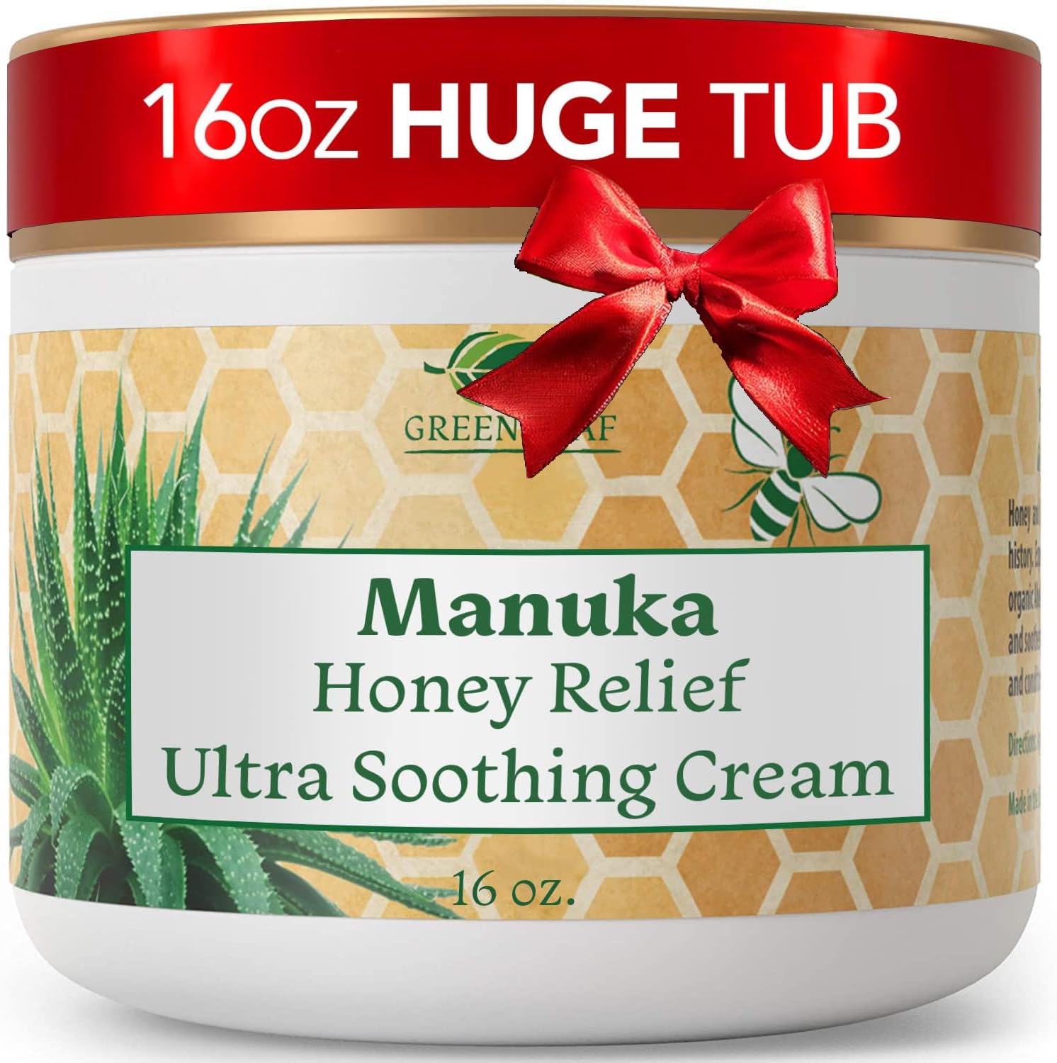 Green Leaf Naturals - Manuka Honey Face Cream - 16oz -Aloe Vera - Jojoba Oil Infused - Body Cream - Gluten Free Moisturizer for Kids & Adults - Nourishing Skin Care
