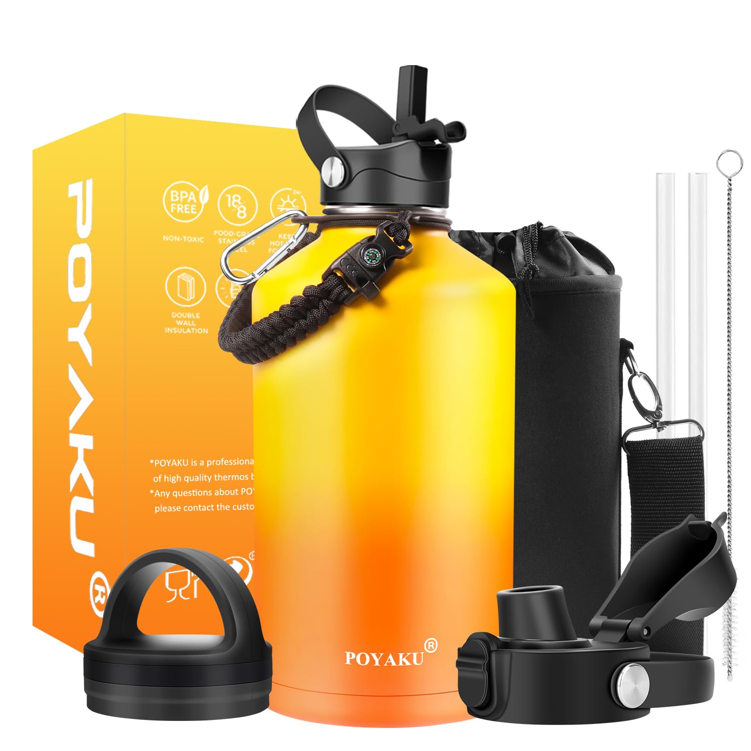 Water Bottle Insulated 32oz 40oz 64oz 128oz Straw Lid Spout Lid & 3 Lids, Leak Proof, Vacuum Insulated,Stainless Steel Water Bottle Wide Mouth for Sports, Gym or Office (Yellow Orange, 64 oz) Image