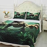 VTKON 3D Dinosaur Quilt Set Twin for Kids, Green Dino Bedding Set, Lightweight Boys Bed Set Reversible Bedspread Set with 1 Qulit and 1 Pillowcase