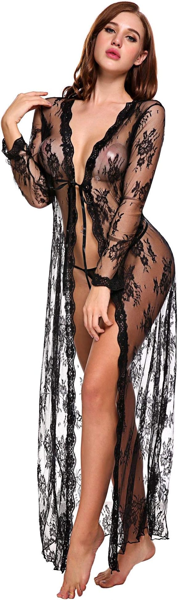 Lingerie for Women Sexy Long Lace Dress Sheer Gown See Through Kimono Robe (Black)