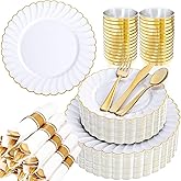 YOUBET 350PCS Gold Scalloped Plastic Plates - White and Gold Disposable Dinnerware Set Include 100 Plates, 150 Gold Silverware, 50 Cups, 50 Napkins for Wedding Party