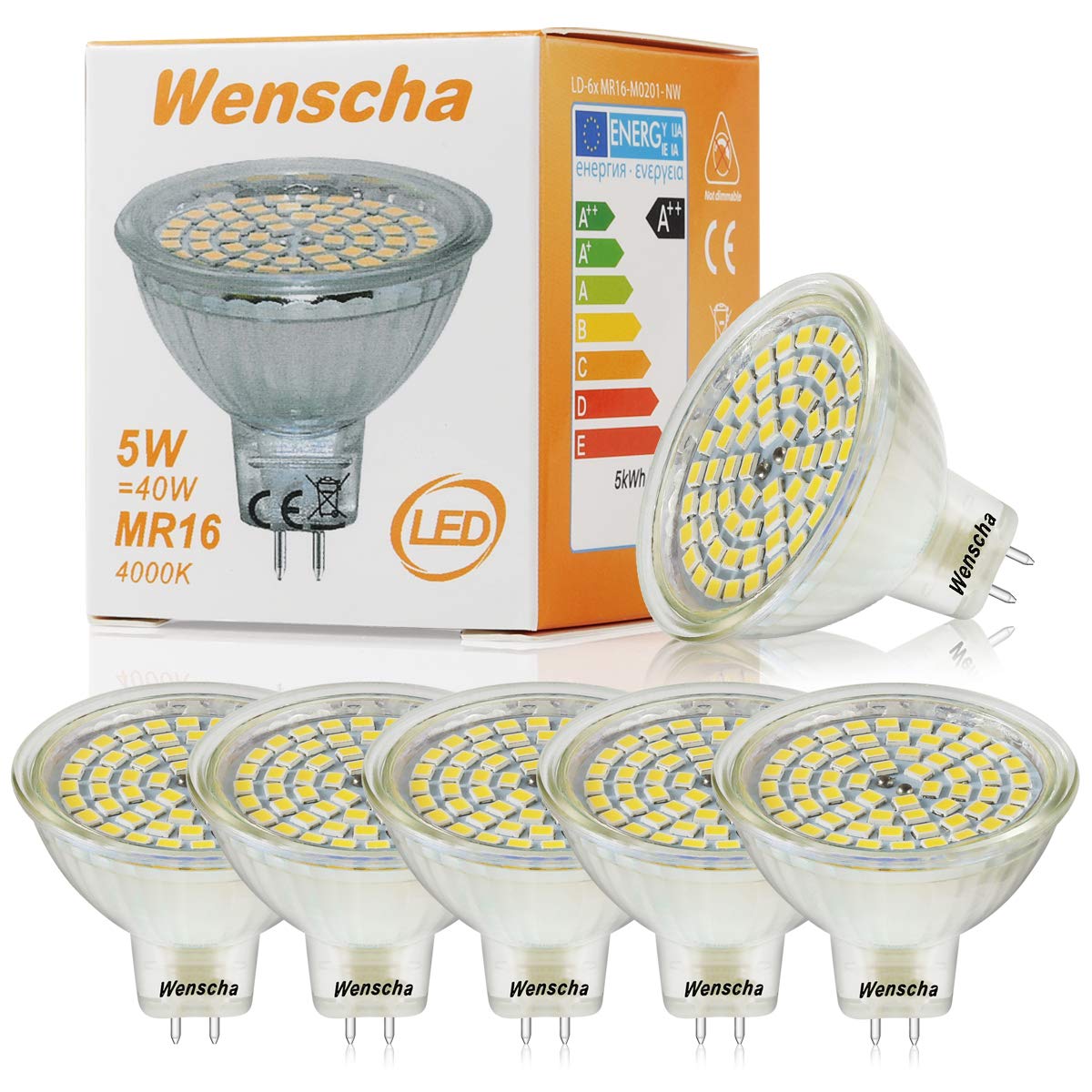 Wenscha MR16 LED Bulbs 5W 12V GU5.3 LED Spotlight Bulbs 4000K 40W Equivalent Halogen LED Bulbs Natural White 600lm 120° Beam Angle NOT Dimmable Light Bulbs (Pack of 6)