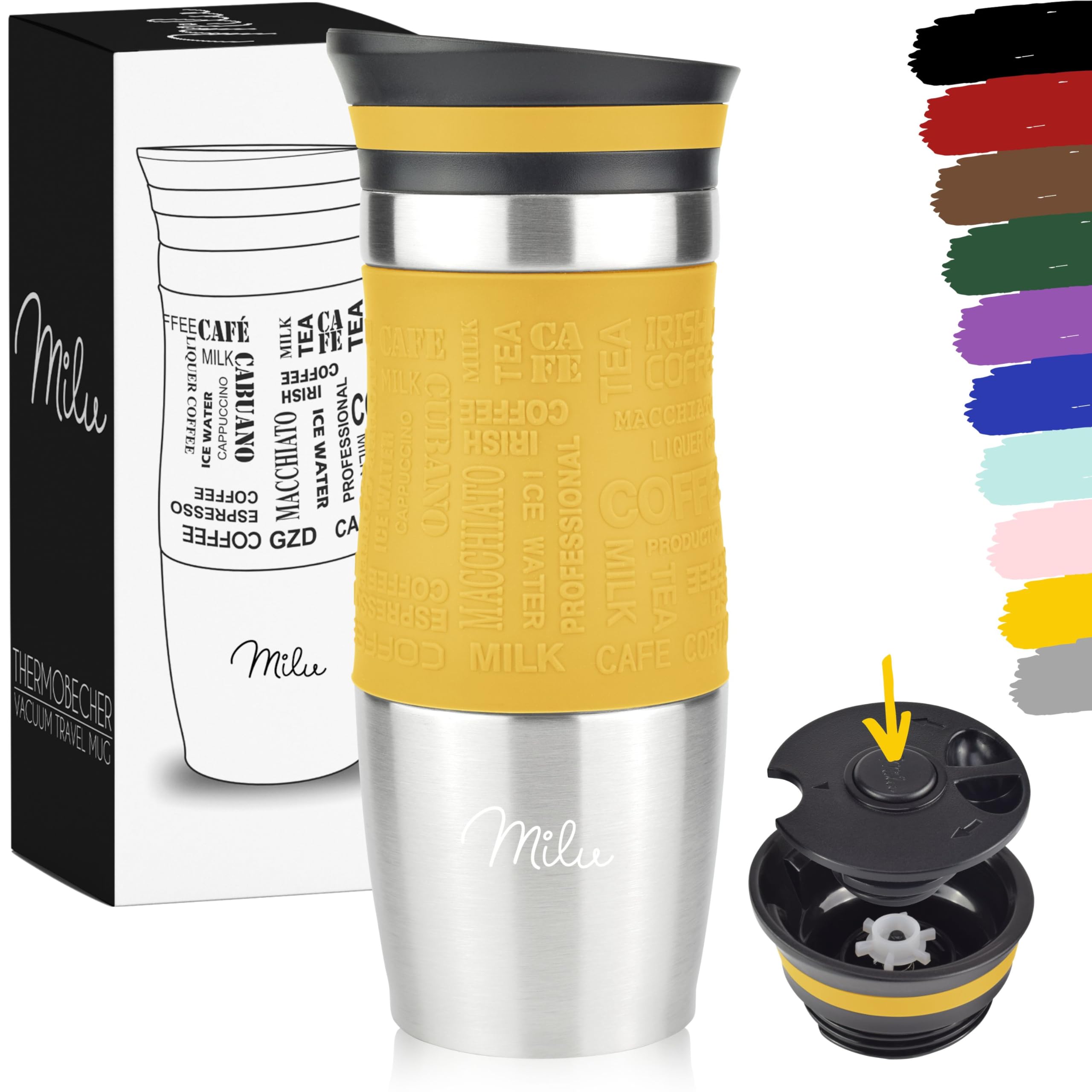 Milu Travel Mug 370ml 450ml - Insulated Coffee Cup to go - 100% Leak Proof - Stainless Steel Drinking Mug - Car Mug Double Wall Insulation Thermo Coffee Flask (Mango, 370ml) — image 1