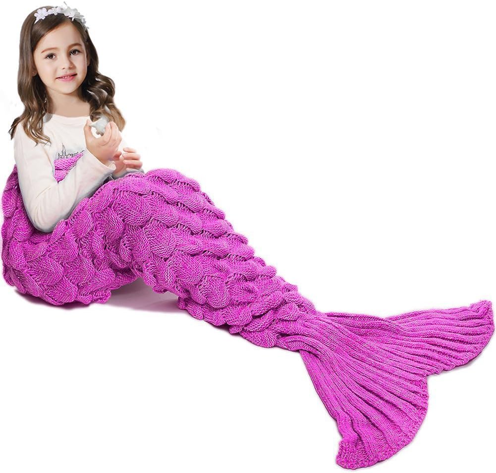 AOSUCO Handmade Knitted Mermaid Tail Blanket,Warm Sofa Quilt Living room blanket for Adults and Kids 140 * 70cm (55.1 inch x27.5 inch) (Kids-Scale Pink)