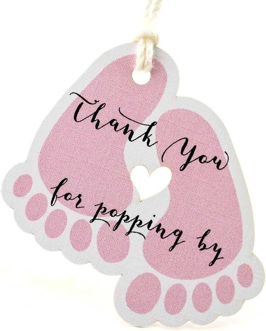 Summer-Ray 50pcs Baby Feet Baby Shower Favor Thank You Tags Thank You for Popping By (Pink), 55mm x 52mm - Image 3