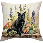 JAERUE Cat Decorative Throw Pillow Cover with Floral Farmhouse Decor Pillow Cases for Sofa Couch Porch Patio Spring Summer Cushion Covers,18 x 18 inches (Black, 18&times;18)