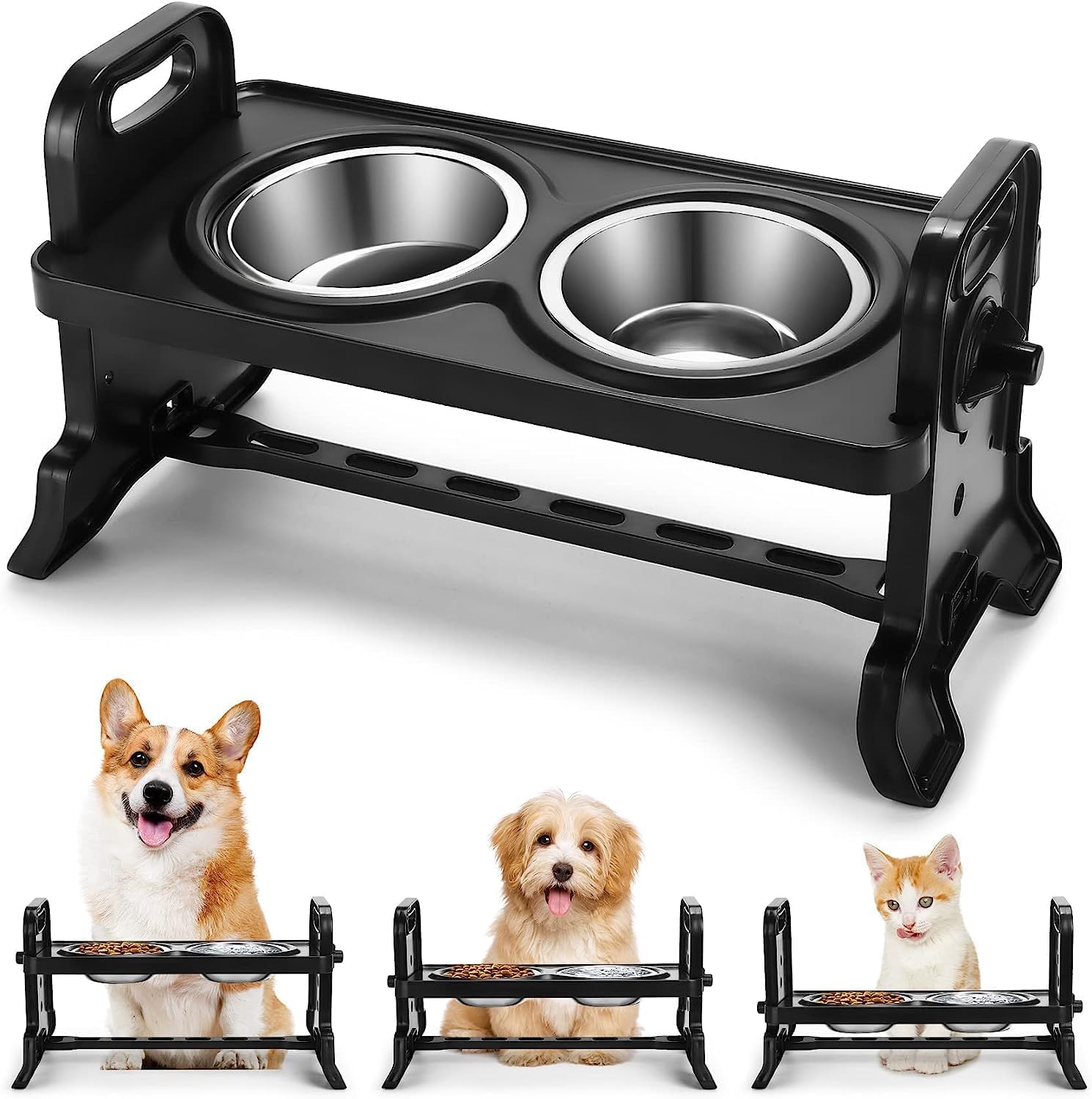 Sonhomay Raised Dog Bowl Adjustable Dog Bowl Stand Dog Bowl Set Dog Dishes with 2 Stainless Steel Bowls 4 Adjustable Heights for Dogs Cats