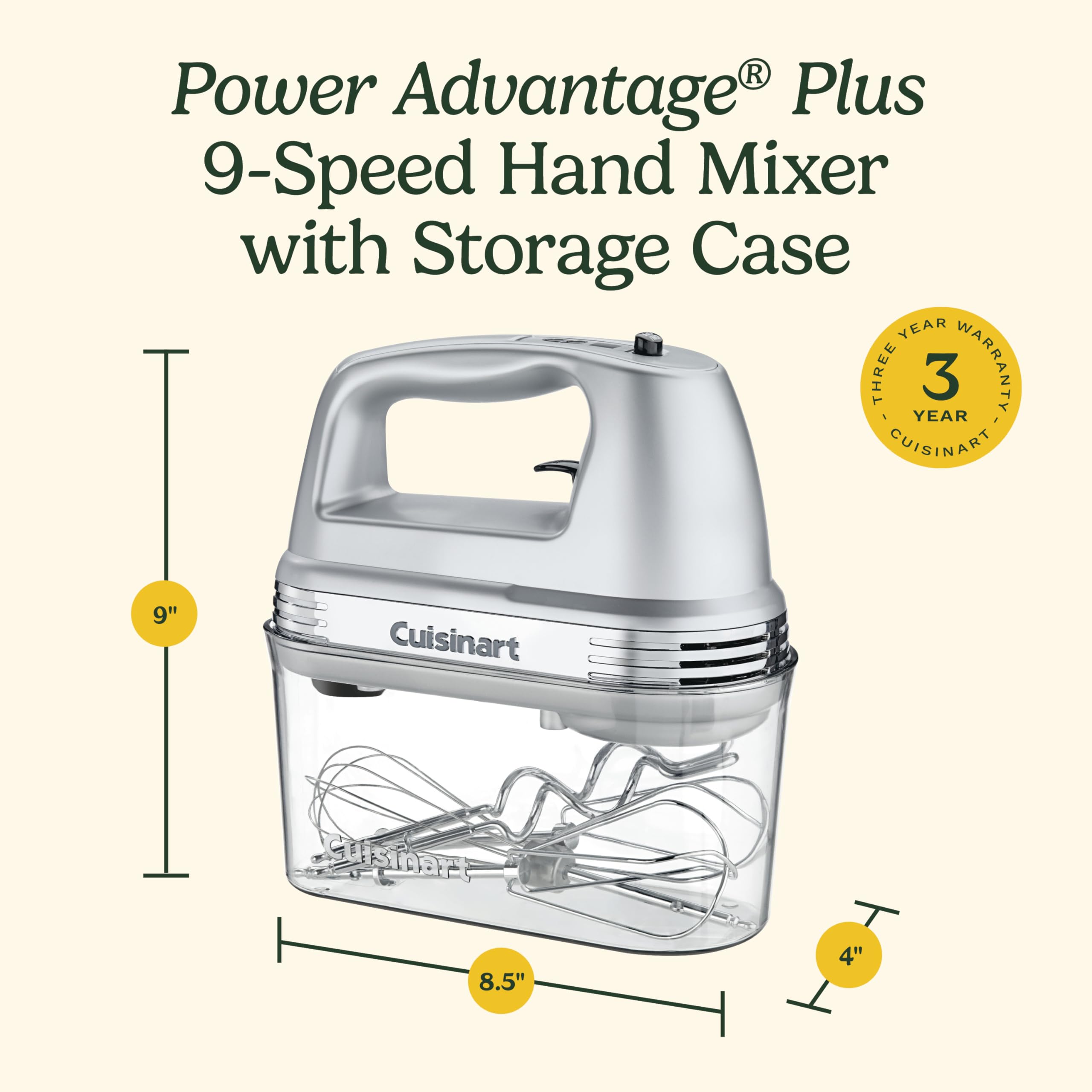 Cuisinart Power Advantage PLUS 9-Speed Hand Mixer, 220W-Motor Hand Blender Electric Mixer with 9 Speed Settings, XL Dishwasher-Safe Beaters, 3 Low Mixing Speeds, Storage Case, HM-90BCS, Brushed Chrome