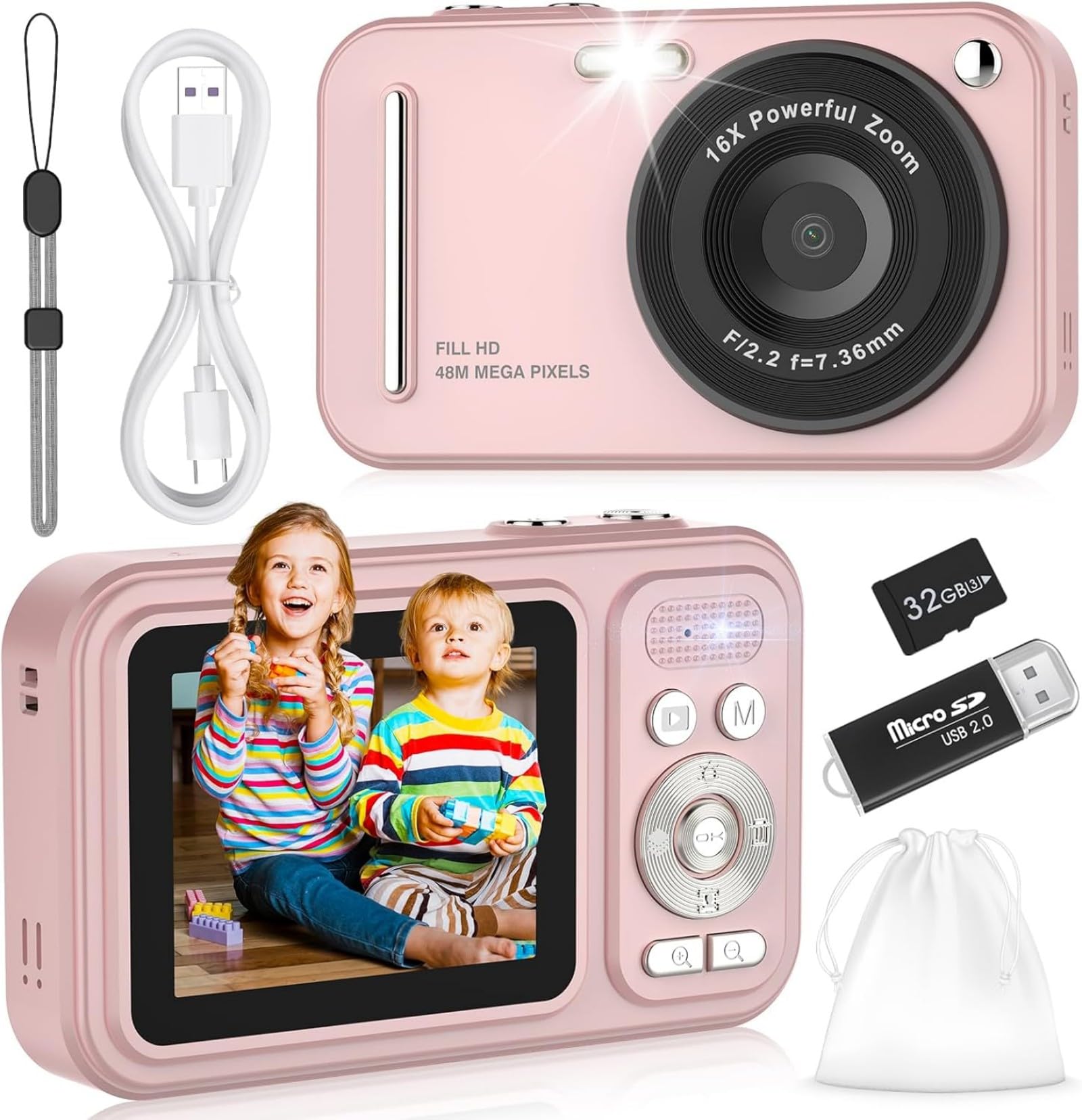 Photo 1 of Digital Camera for Kids, WITYEAH 48MP FHD 1080P Point and Shoot Digital Cameras with 16X Zoom Anti-Shake, Compact Portable Cameras for Photography, for Boys Girls Teens Beginners-Pink