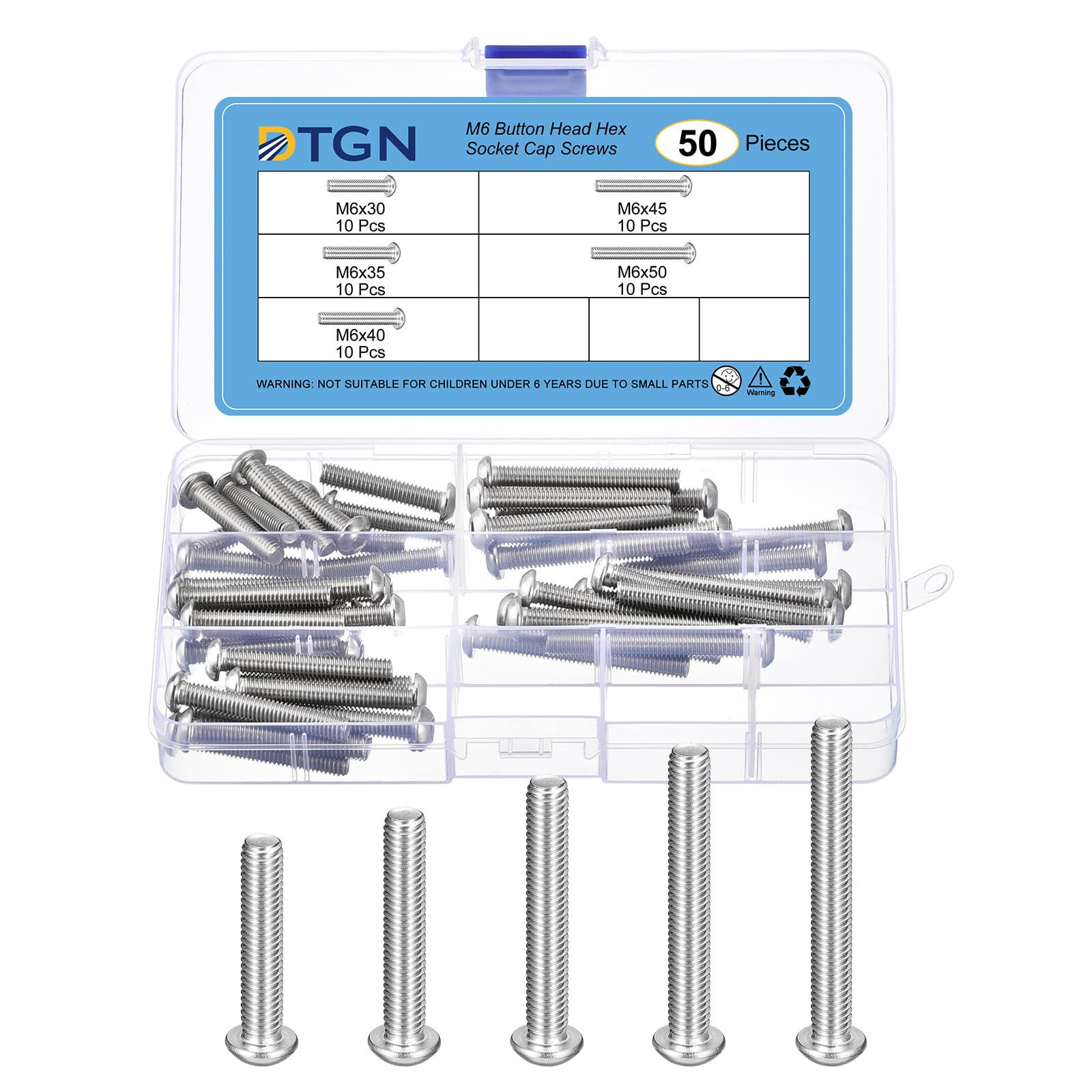 DTGN 50Pcs M6 Button Head Socket Cap Screws Kit - 30/35/40/45/50mm 304 Stainless Steel 18/8 Full Thread Hex Socket Cap Screw Assortment - Good for Machine, Furniture Repairing