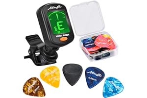 MOREYES 28Pcs Picks Guitar Tuner Clip on Chromatic Digital Tuner for Acoustic Guitars Violin, Ukulele, Bass