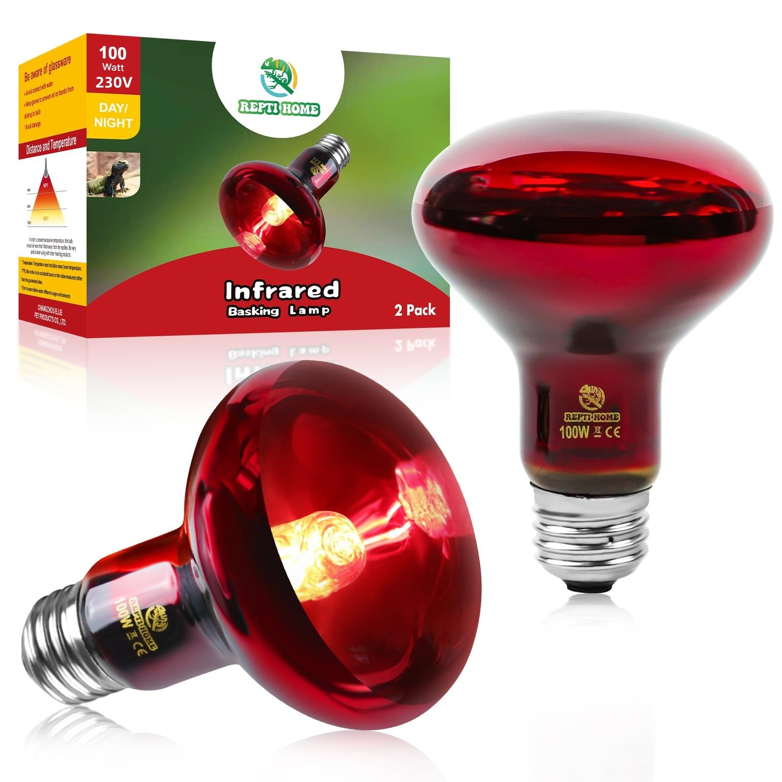 REPTI HOME Reptile Heat Lamp Bulb, Infrared Heat Lamp for Reptile 100W 2Pack, Basking Spot Red Heat Light for Lizards,Turtles,Chicks,Puppies