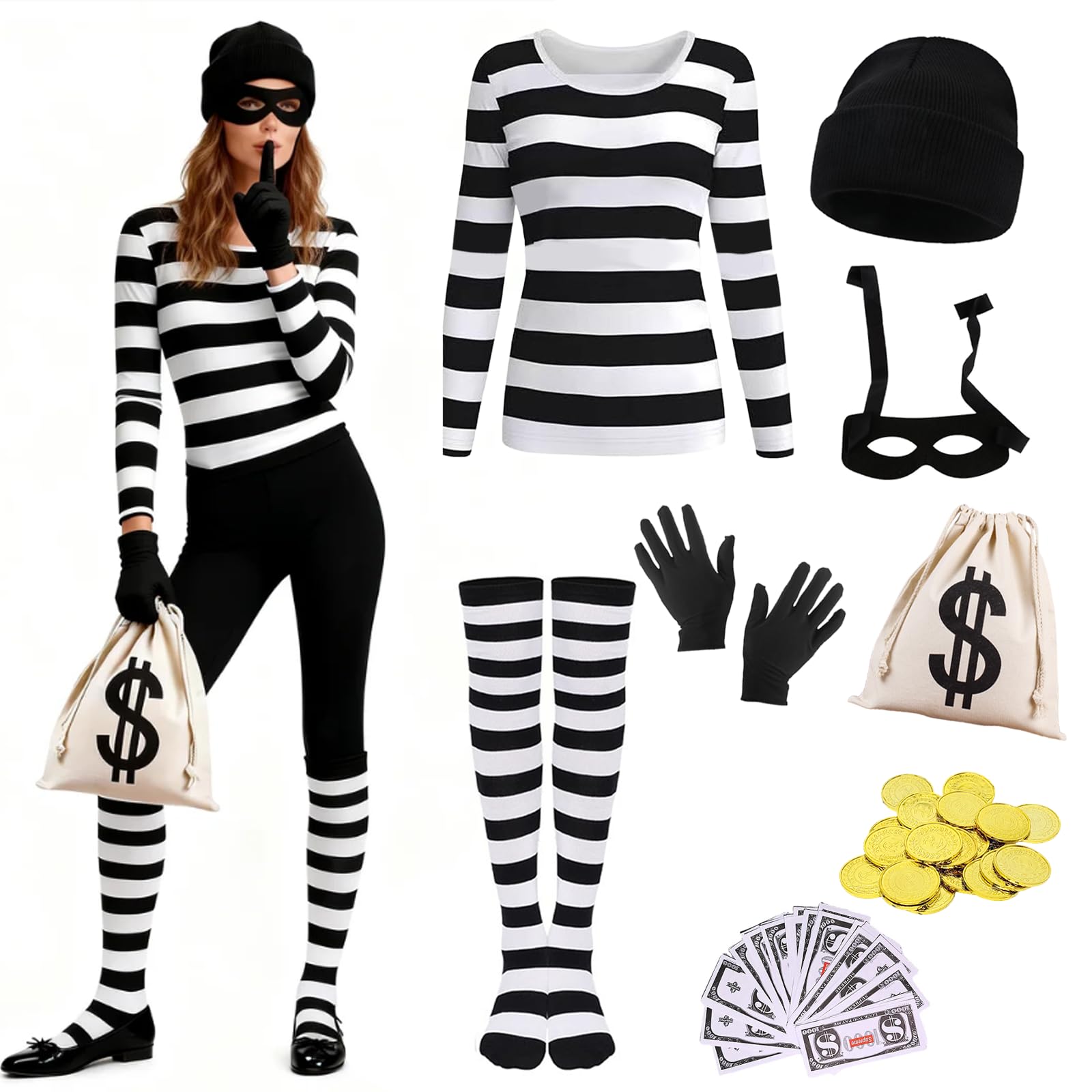 8 Pcs Robber Costume Women Set, Burglar Costume Fancy Dress, Adult Robber Thief Outfits with Hat Mask Top Gold Coins Socks Gloves Wallet Fake Bills for Cosplay Halloween Carnival World Book Day (M)