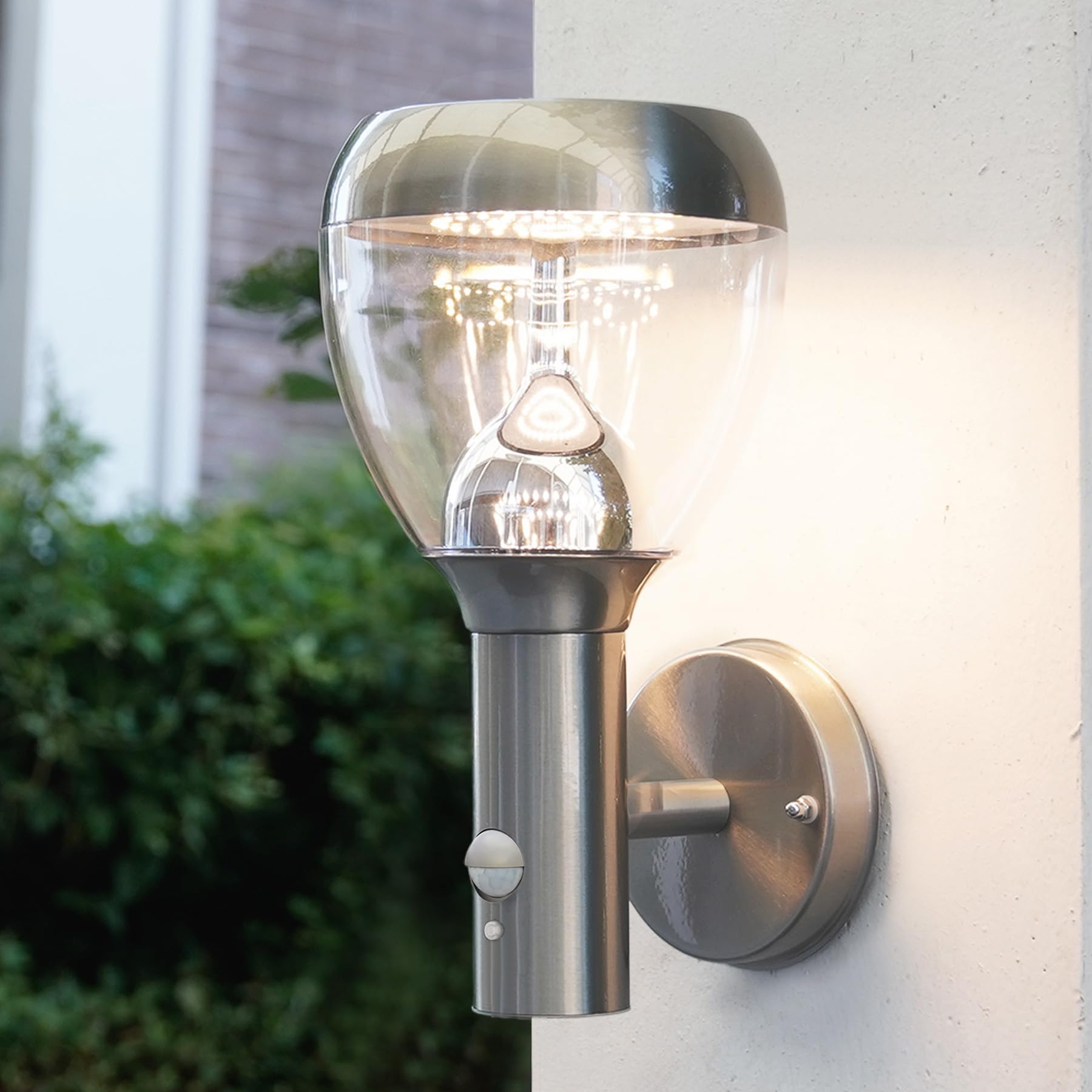 NBHANYUAN Lighting Outdoor Wall Light with PIR Motion Sensor, 4 Lighting Modes, SUS316 Stainless Steel, IP54 Waterproof, 3000K Warm White, 9W 1000LM, Silver, Ideal for Coastal Areas & Garden Patios