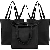 Segarty Black Canvas Tote Bag, 3 Packs 16x15 inch Canvas Bags with Zipper, 12Oz Heavy Duty Reusable Washable Grocery Shopping Bag with Handle, Blank Cotton Bags for Kids DIY Crafts Painting Bulk