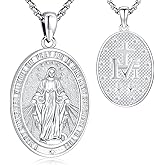 LOOVE S925 Sterling Silver Miraculous Medal Necklace for Women Men Catholic Virgin Mary Charm Pendant Necklace Blessed Mother Pendant Christian Jewelry