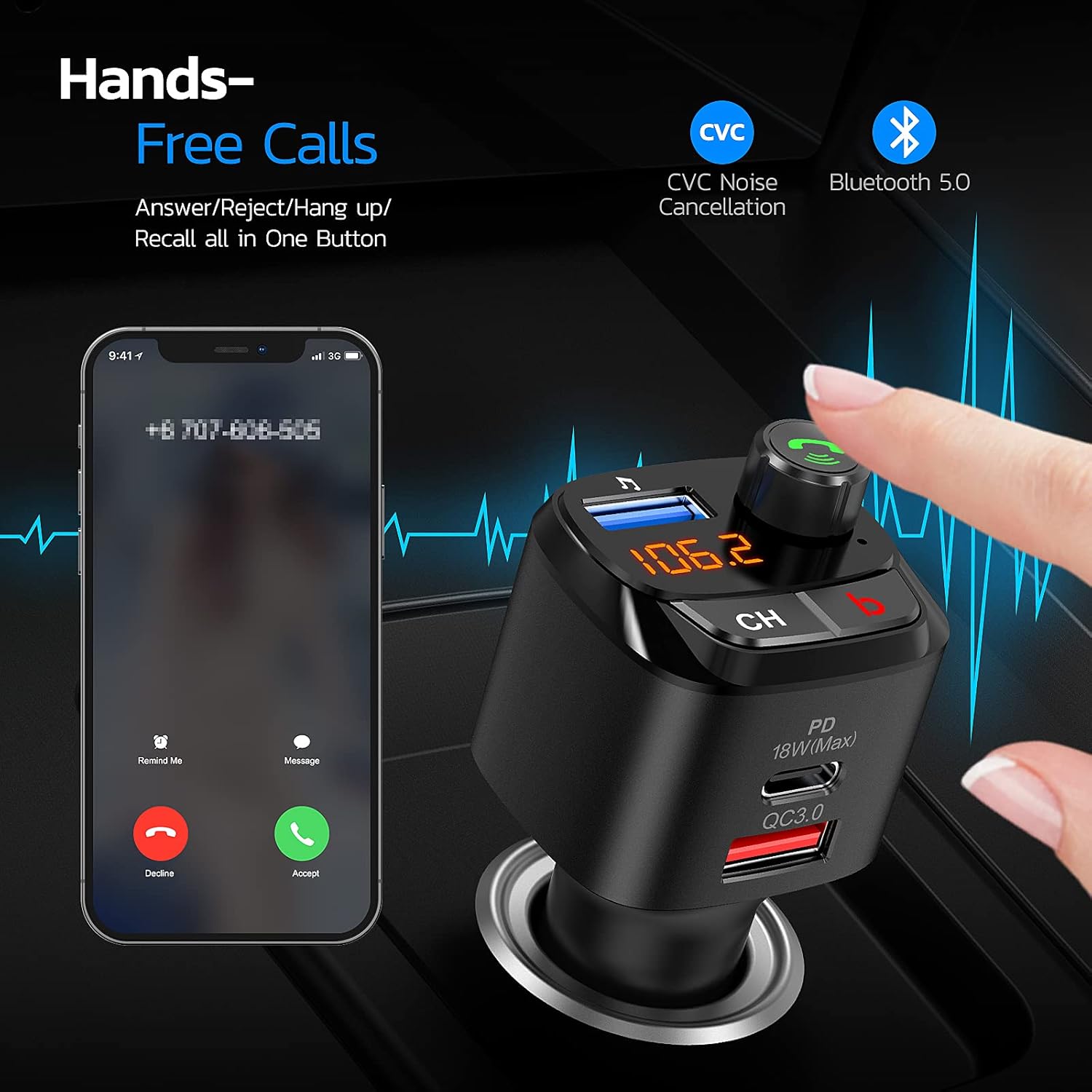 Nulaxy Bluetooth 5.0 FM Transmitter for Car, QC3.0 & USB-C PD 18W Wireless Bluetooth Radio Adapter Music Player/Car Kit with Bass Booster, Hands-Free Calls, Siri Google Assistant -NX12: Car Electronics