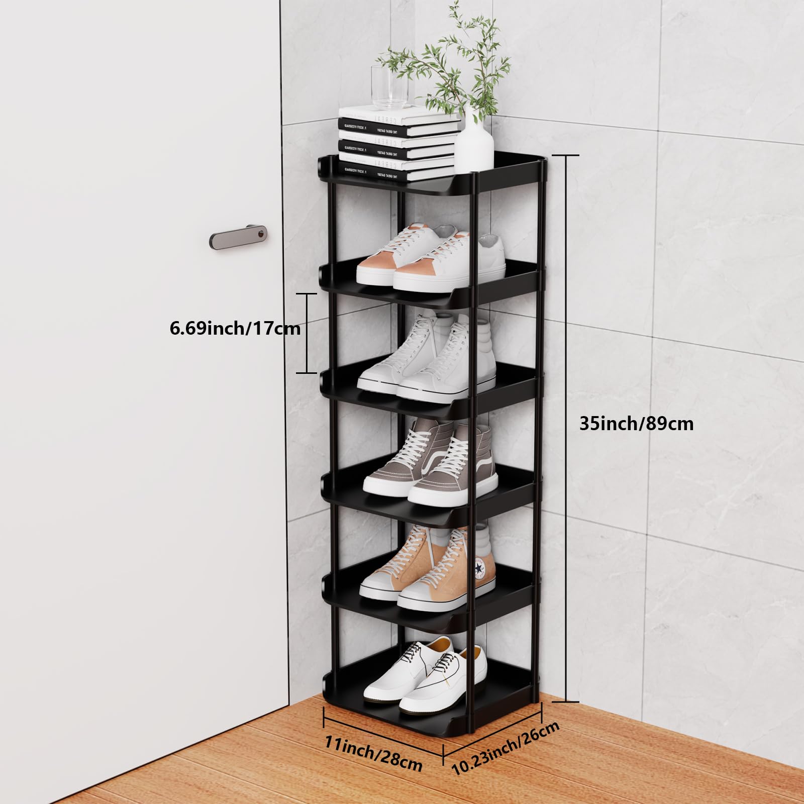 Altdnmaf 6 Ebenen Schmal Schuhregal, Mehrschichtiges Hoch Schuhregale Platzsparend, Stapelbar Klein Standregal, Vertikales Plastik Regal, Shoe Rack für Treppe, Flur, Küche, Schlafzimmer, Schwarz 2