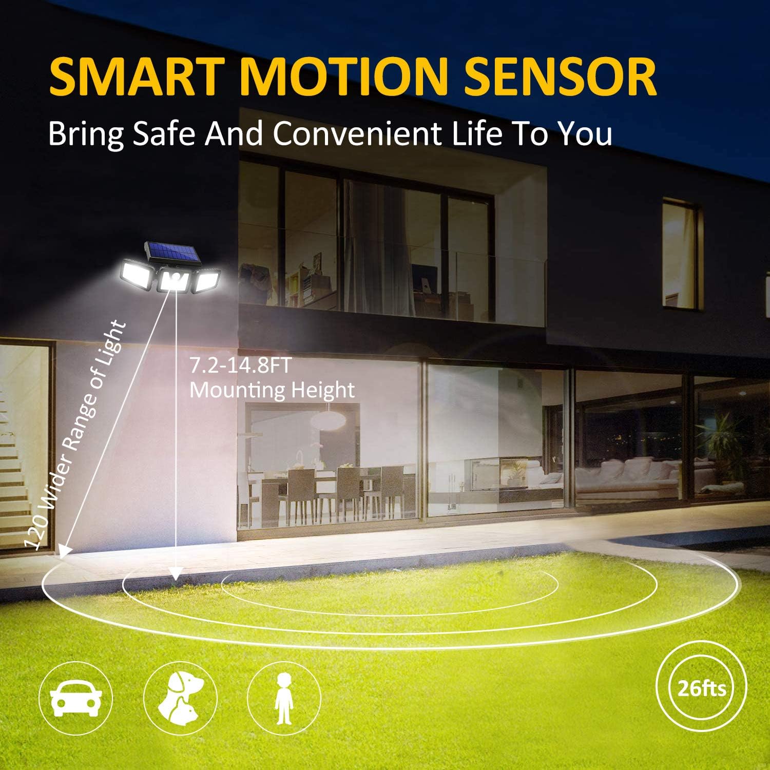 BEACON Solar Lights Outdoor, 800LM Wireless LED Solar Motion Sensor Lights Outdoor, 3 Adjustable Heads, 270° Wide Angle Illumination, IP65 Waterproof, Security LED Flood Light (2Pack): Home Improvement