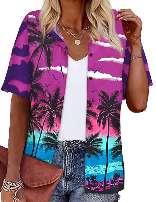 LILYCHIC Womens Hawaiian Tops Summer Floral Print V Neck Shirt Short Sleeve Tropical Beach Luau Party Outfits Purple L