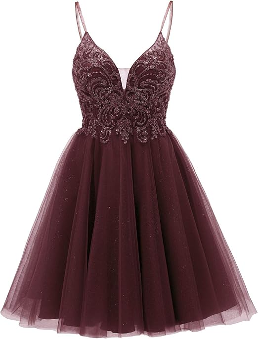 Short Tulle Prom Dresses V Neck Beaded Spaghetti Dress